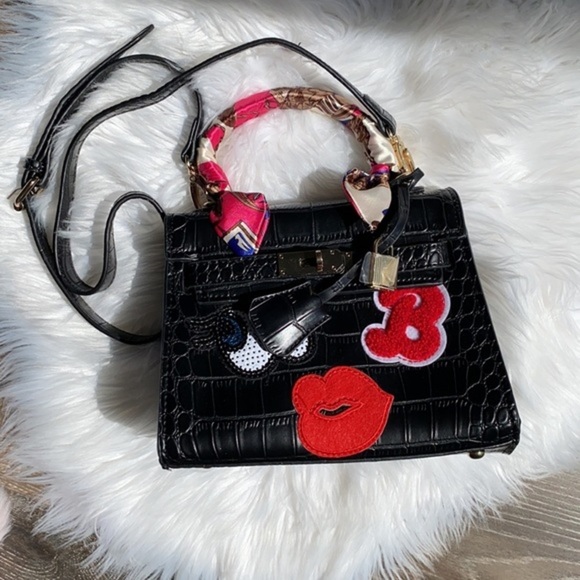 House of Hello HK Black Croc Big Eyes Kelly Style Tote Crossbody Bag Purse - Picture 9 of 16